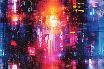 Capture a panoramic view of a bustling metropolis merging futuristic technologies with the fluidity of impressionism, using vibrant hues and dynamic brushstrokes