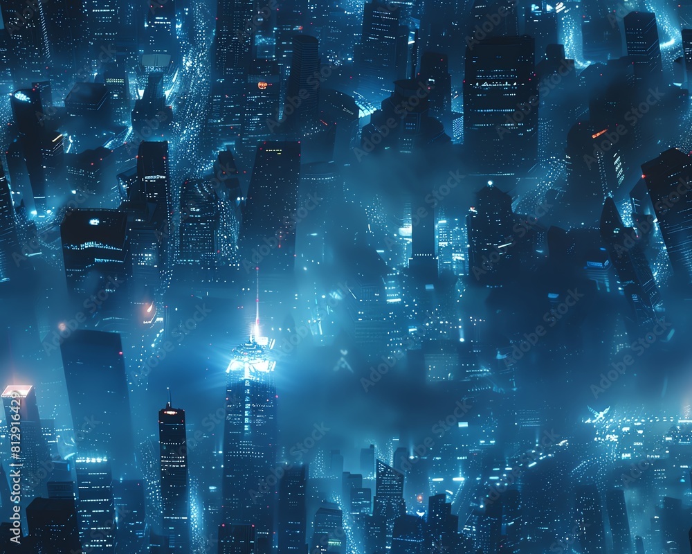 Poster capture a wide-angle view of a bioluminescent dystopian cityscape merging shadows and light experime