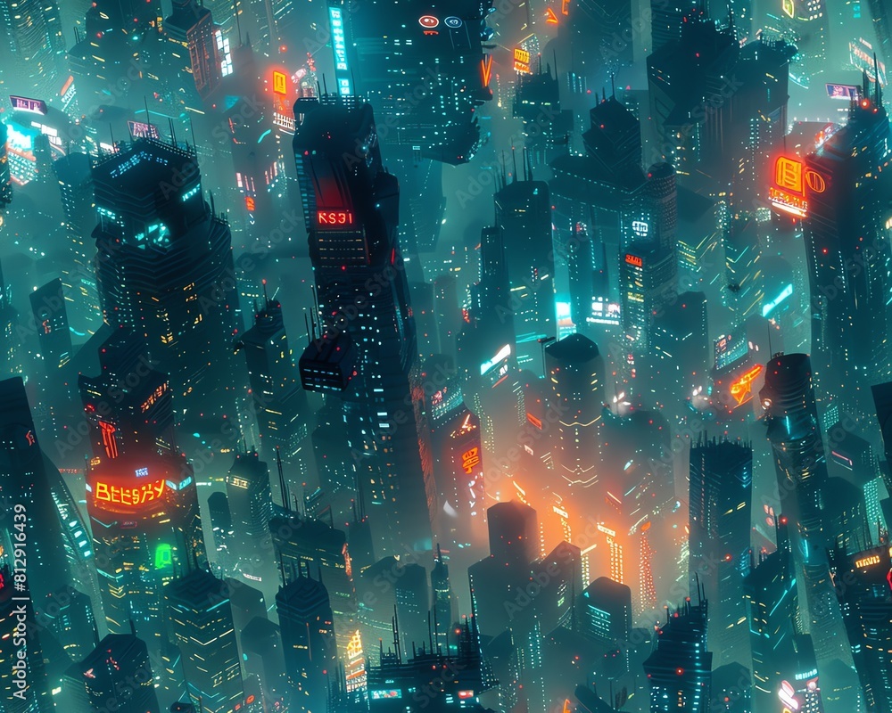 Poster capture a wide-angle view of a bioluminescent dystopian cityscape merging shadows and light experime