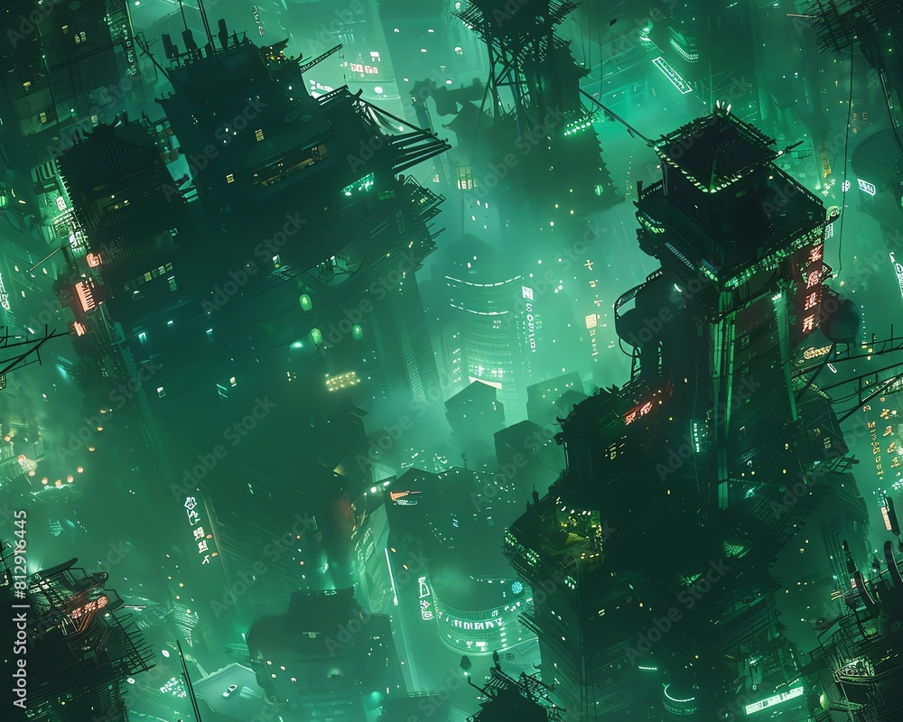 Poster capture a wide-angle view of a bioluminescent dystopian cityscape merging shadows and light experime