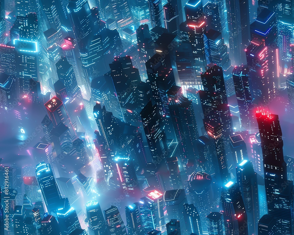 Poster capture a wide-angle view of a bioluminescent dystopian cityscape merging shadows and light experime