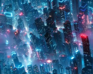 Capture a wide-angle view of a bioluminescent dystopian cityscape merging shadows and light Experiment with unexpected camera angles to reveal hidden details