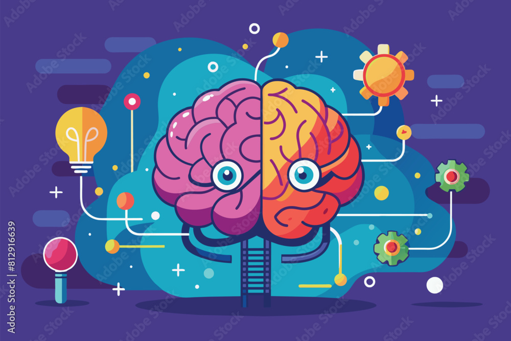 Aufkleber two halves of a brain depicted with different types of light bulbs, showcasing customization and con