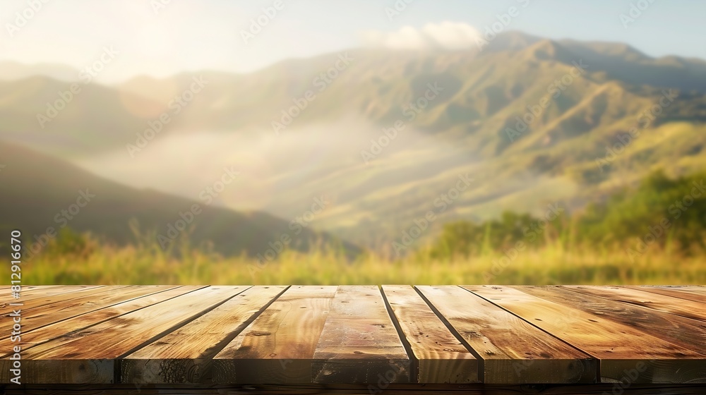 Aufkleber Wooden table top on blur mountain and grass fieldFresh and Relax conceptFor montage product display or design key visual layoutView of copy space : Generative AI