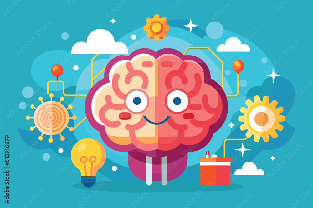 Aufkleber a cartoon brain with a light bulb surrounded by various objects, curiosity brain customizable flat i