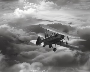 Capture the essence of aviation milestones in a romantic black and white photograph Showcase a vintage biplane soaring above a picturesque landscape