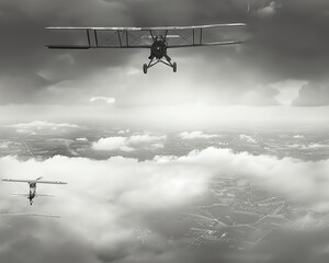 Capture the essence of aviation milestones in a romantic black and white photograph Showcase a vintage biplane soaring above a picturesque landscape