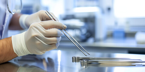 backdrop of a clinical setting, focus on surgeon's hands, carefully selecting stainless tweezers. The precision and expertise of healthcare professions, with the clinic background