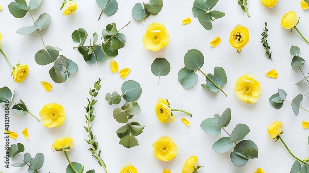 Poster flowers composition pattern made of yellow flowers and eucalyptus leaves on white background flat la