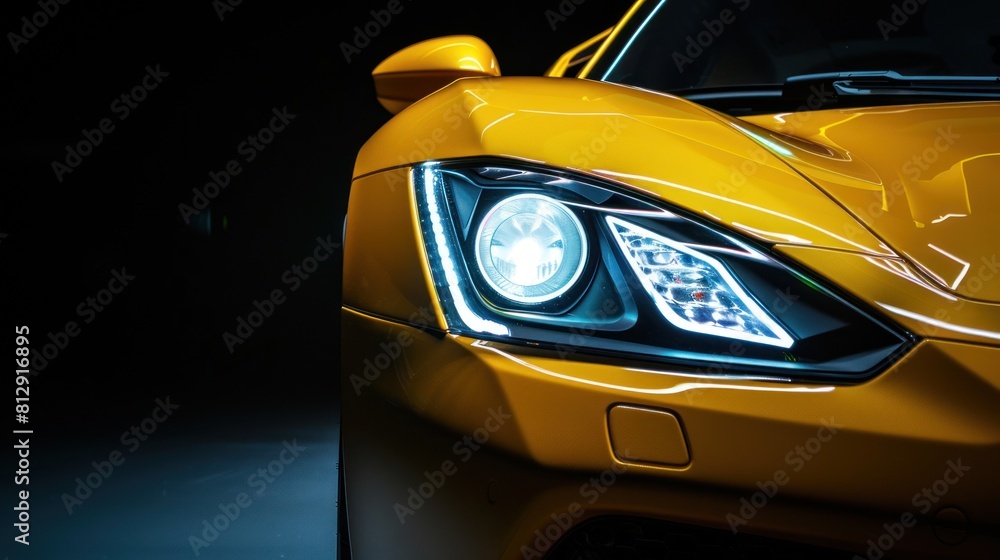 Sticker Closeup luxury yellow car headlights detail with led lamp technology on dark background. Generate AI