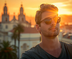 man wearing sunglasses with church and monastery of san francisco in background, golden hour sun...
