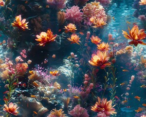 Naklejka na ściany i meble Capture the essence of submerged beauty through unconventional viewpoints Utilize unexpected camera angles to reveal a surreal underwater world teeming with fantastical creatures a
