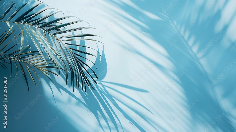 Poster blurred shadow from palm leaves on the light blue wall minimal abstract background for product prese