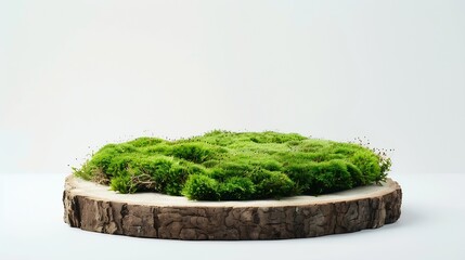 natural style Wooden saw cut round podium with green moss on a white background Still life for the presentation of products Blurred foreground : Generative AI