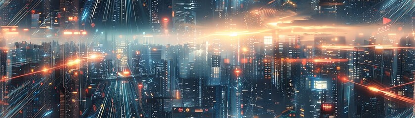 Capture the rear view of a futuristic dystopian cityscape, blending virtual reality elements seamlessly into the scene Use unexpected camera angles to intrigue viewers