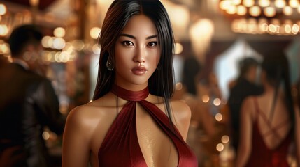 The style of an Asian woman wearing a dark red halter neck party evening dress. AI generated image
