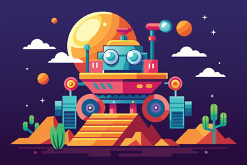 Fototapeta premium A cartoon robot with a telescope on a hill, observing the surroundings, Curiosity Customizable Semi Flat Illustration