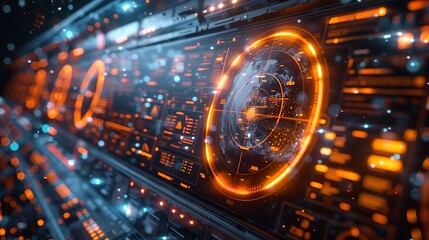 Obraz premium Advanced space exploration monitor displaying high-resolution data on satellite paths and planetary exploration, hyperrealistically depicted with sharp graphics.