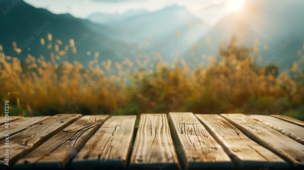 Aufkleber Wooden table top on blur mountain and grass fieldFresh and Relax conceptFor montage product display or design key visual layoutView of copy space : Generative AI