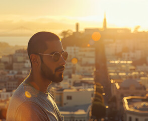 man wearing sunglasses with church and monastery of san francisco in background, golden hour sun...