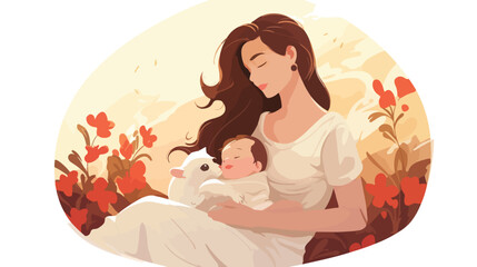 Happy woman breastfeeding baby lying on side on the