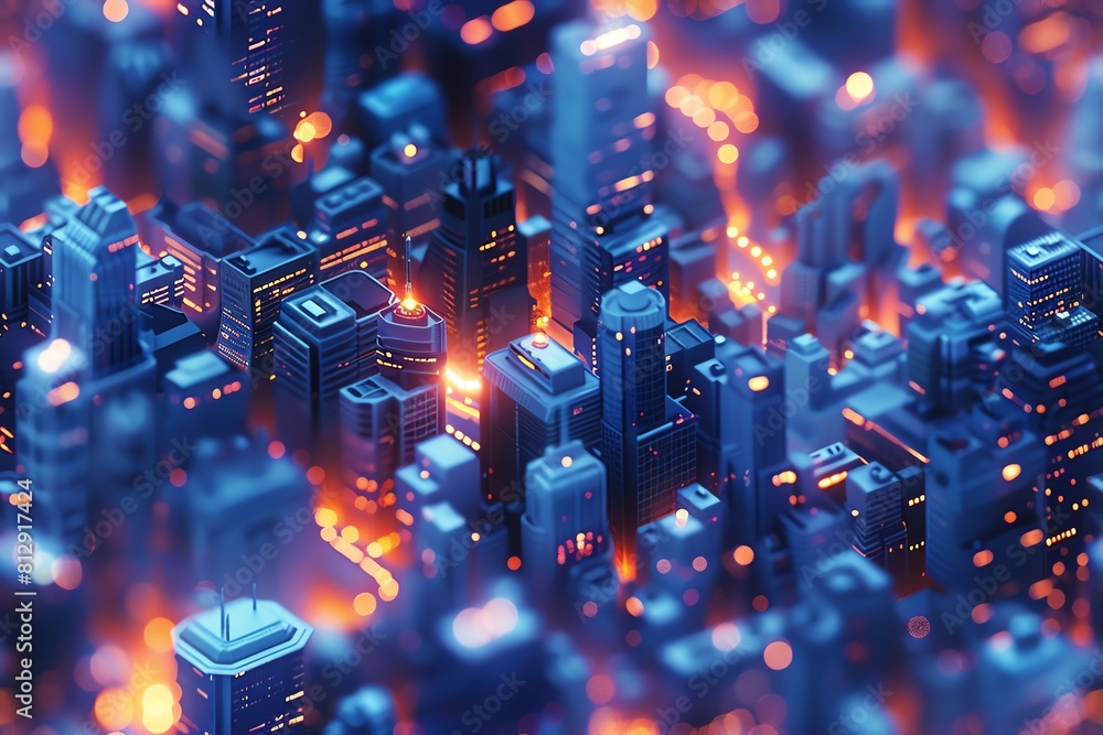 Poster craft a hyper-realistic 3d rendering of a cityscape where urban meets technological wonders play wit