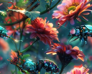 Craft a mesmerizing image of robotic insects delicately tending to vibrant