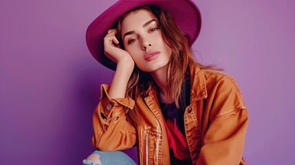 Classic style portrait of a fashionable girl with hat sitting on a purple background. AI generated