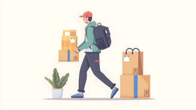 Delivery Worker Carrying Packages and Backpack in Urban Setting