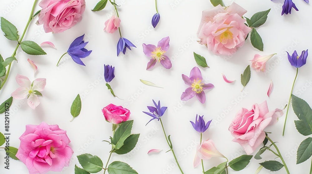 Aufkleber floral layout of pink roses and violet aquilegia on a white background Top view flat lay : Generative AI