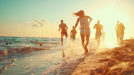 multicultural multinational happy people running into the sun carefree and happiness vacation on sea : Generative AI