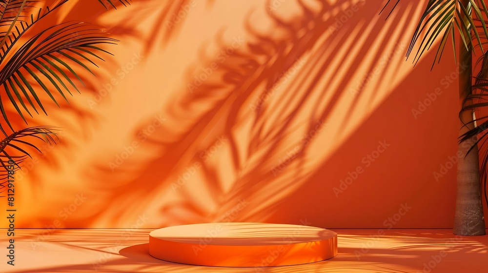 Poster Empty square podium with tropical palm tree shadow background Orange thanksgiving minimal flat lay frame poster Abstract trendy geometric mockup blank layout : Generative AI