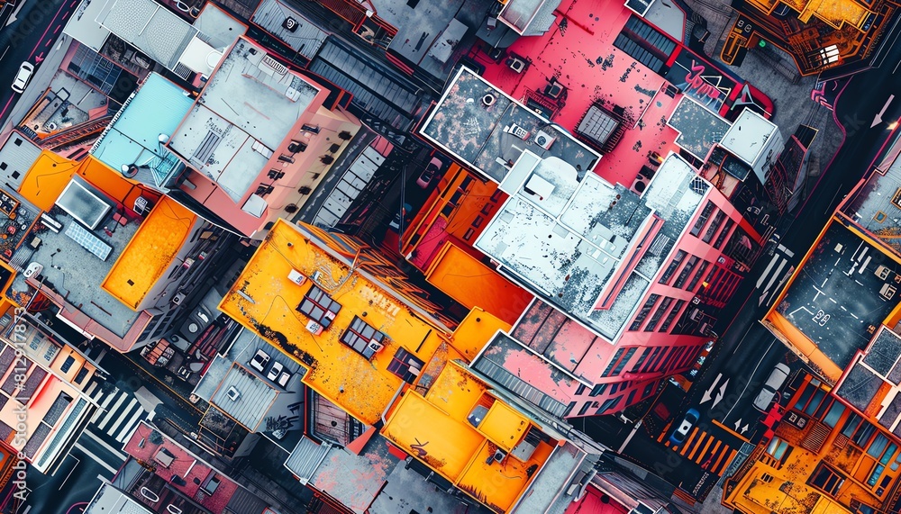 Poster create a captivating aerial view of a cityscape, merging vibrant street art with eerie, dystopian el