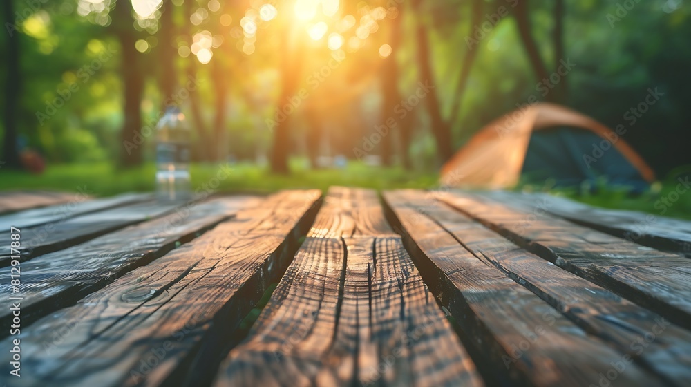 Aufkleber wooden table top on blur tent camping travel tent and grass fieldfresh and relax conceptfor montage 