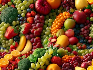 Craft a whimsical 3D animation of a kaleidoscopic array of fresh fruits and vegetables intertwining and morphing into a balanced