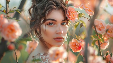 Portrait of a beautiful woman face model posing near pink roses garden. AI generated image