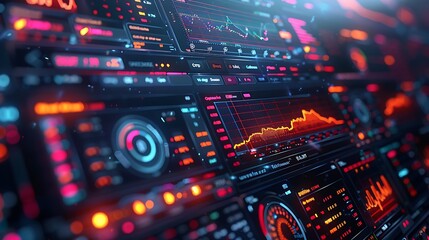 Obraz premium Close view of a financial analysis monitor, showing intricate stock market curves and analytics, hyperrealistic details emphasize the digital sharpness and color contrasts on the screen.