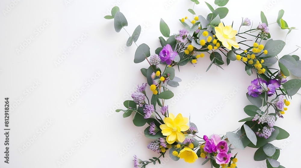 Poster flowers composition wreath made of yellow purple flowers and eucalyptus branches on white background