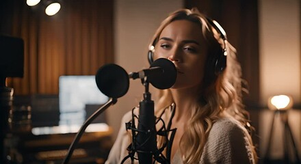 Singer singing in a recording studio.	
