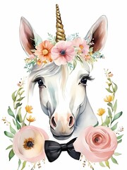 Baby Unicorn Flower Crown Bowties Woodland Animal Nursery Decor, Generative AI Illustration 