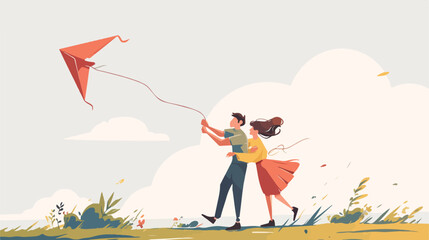 Happy young loving couple flying a kite flat vector