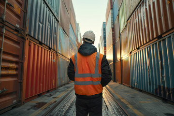 Security officer inspecting a large shipping container at a bustling port, ensures safety and compliance.. AI generated.