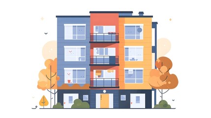 Minimal Modern Character of Residential Apartment Building with Colorful Facade and Surrounding Nature Elements in Flat Graphic
