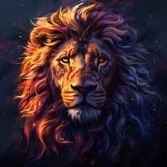Naklejka premium Majestic Digital Lion Head with Vibrant Flowing Mane and Powerful Gaze