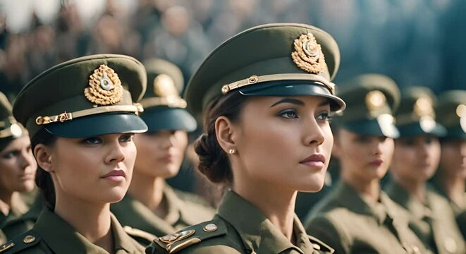 Female soldiers on a military march.	
