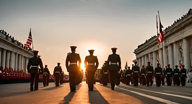 Soldiers on a military march.	

