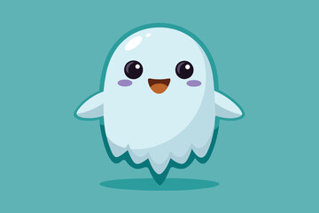 Obraz premium Cute white ghost with big eyes, on a blue background, in a customizable and disproportionate illustration, Cute ghost Customizable Disproportionate Illustration