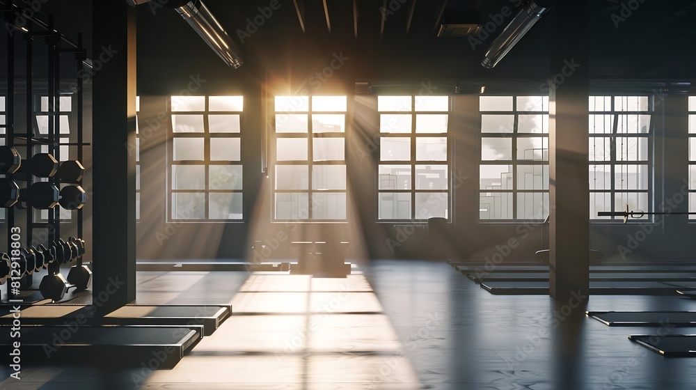 Poster gym interior and empty space or dark room with window and light flare for exercise training and fitn