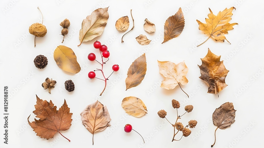 Poster autumn composition dried leaves flowers berries on white background autumn fall thanksgiving day con