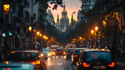 Obraz premium A photo of the streets of Barcelona, with Gothic architecture as the background, during a bustling evening